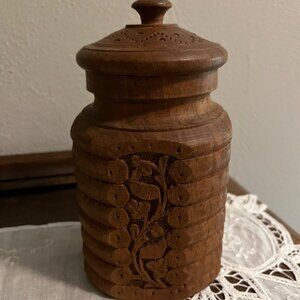 Vintage Carved Wooden Jar with Lid